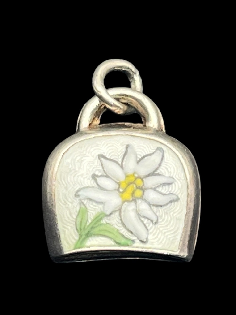 Edelweiss flower cow bell guilloche vintage 800 silver pendant for necklace